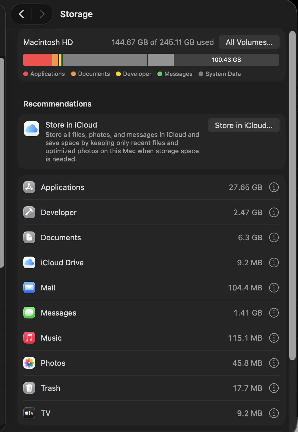 Storage settings listing Applications, Developer, Documents and more on a 245 GB Mac