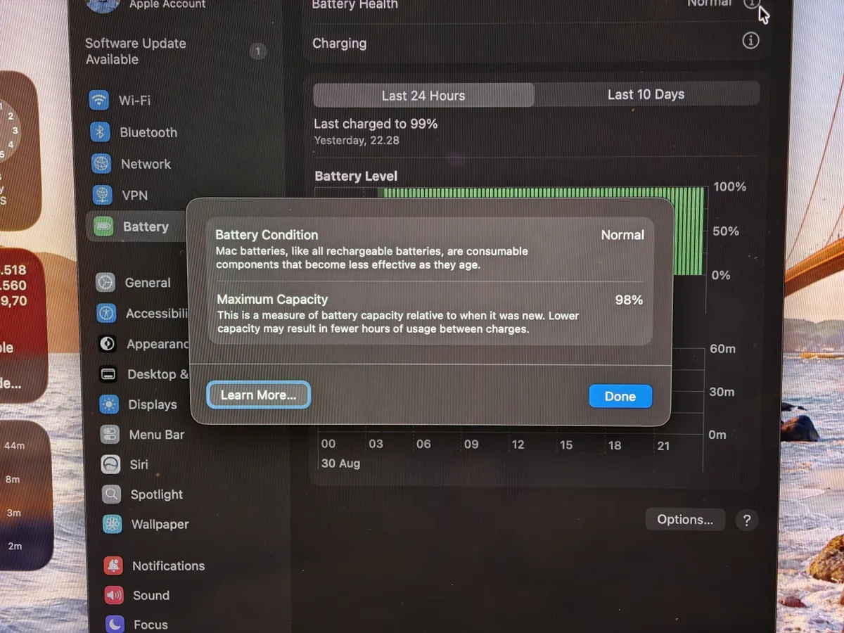 The Battery Health panel in System Settings showing Maximum Capacity