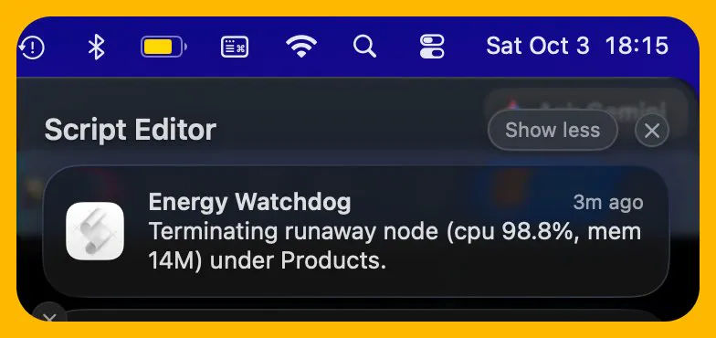 A notification from a watchdog script terminating a runaway node process at 98.8% CPU