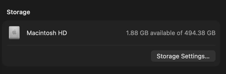 Storage settings showing 1.88 GB available of 494.38 GB