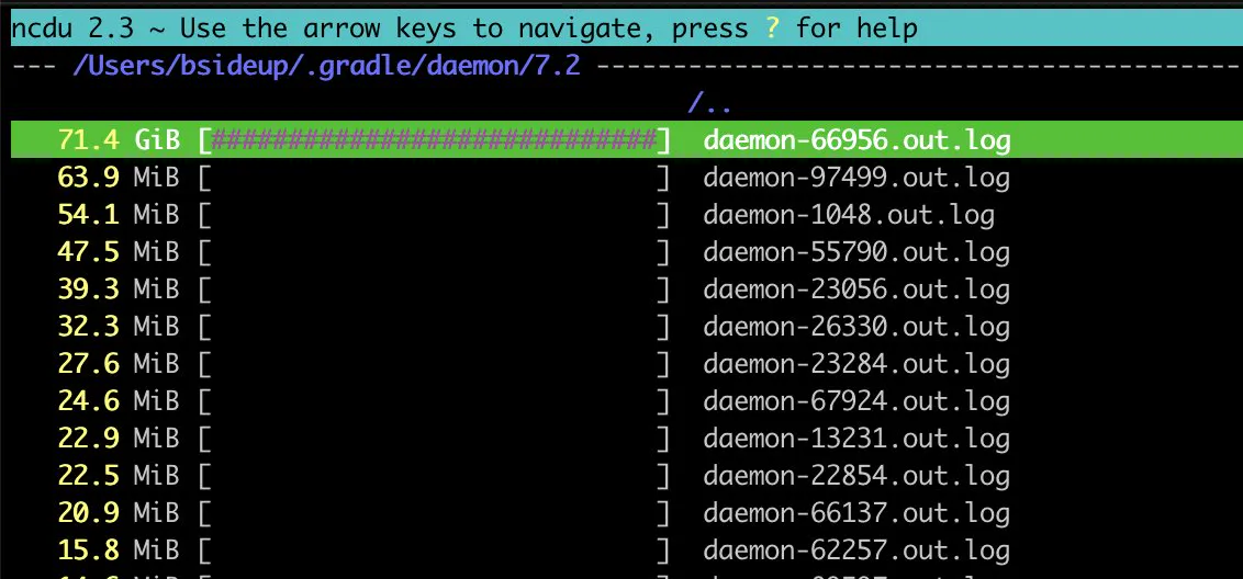 A disk usage list with a single Gradle daemon log at 71.4 GiB