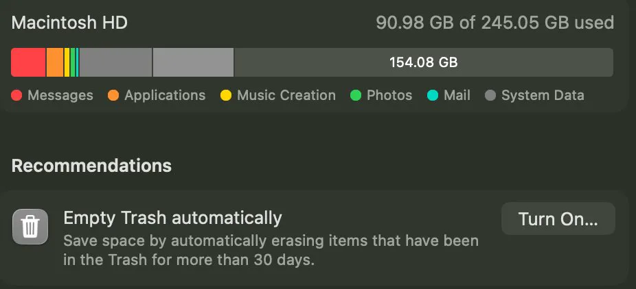 Storage settings showing 90.98 GB of 245.05 GB used, with Empty Trash Automatically recommended