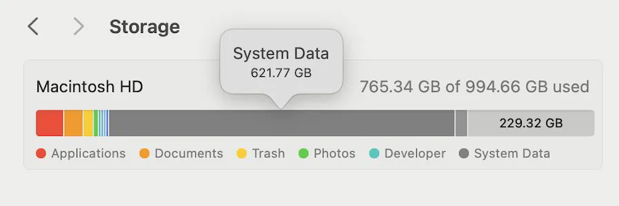 Storage settings showing System Data at 621.77 GB of a 994 GB drive