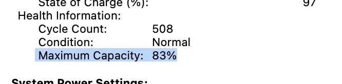 Battery information showing Cycle Count 508, Condition Normal, Maximum Capacity 83%
