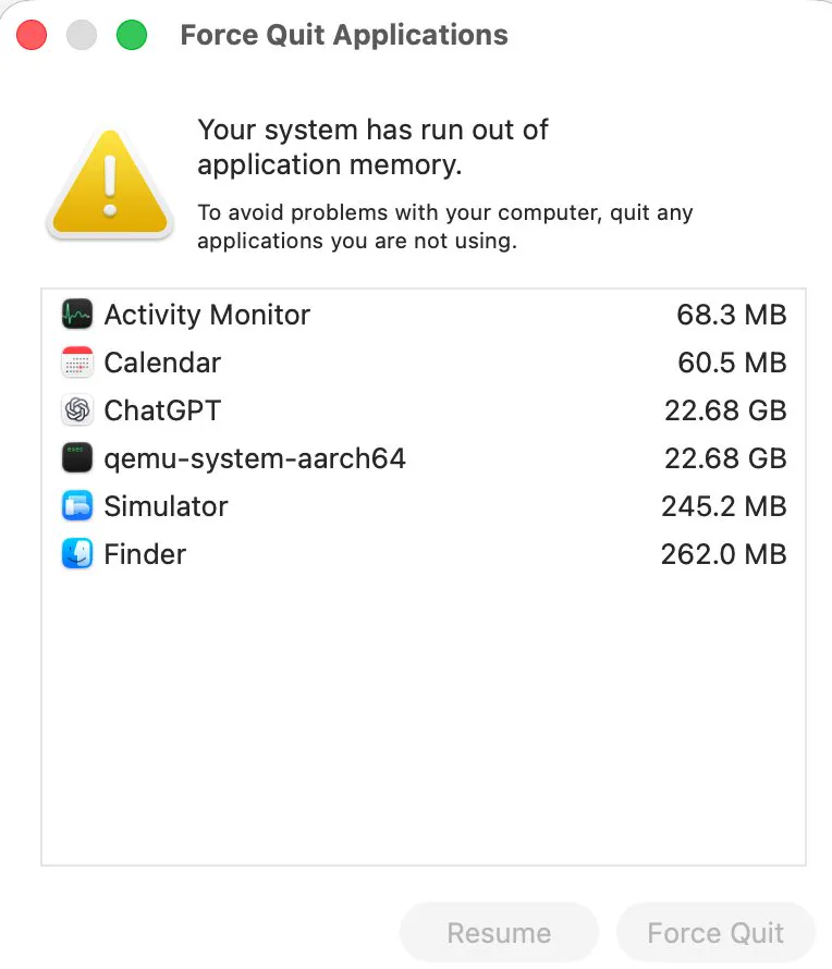 The out of application memory dialog listing ChatGPT and a virtual machine at 22.68 GB each