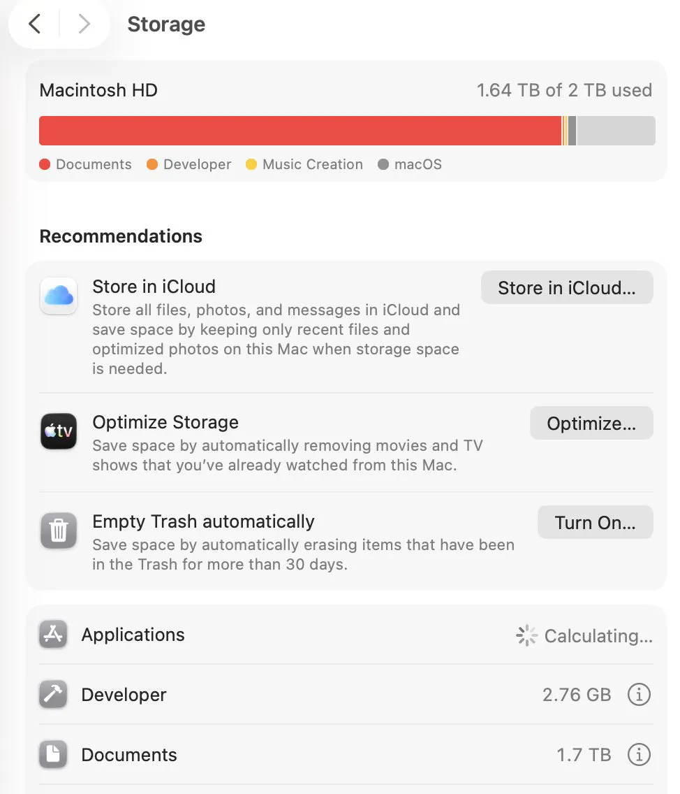 Storage settings showing 1.64 TB of 2 TB used