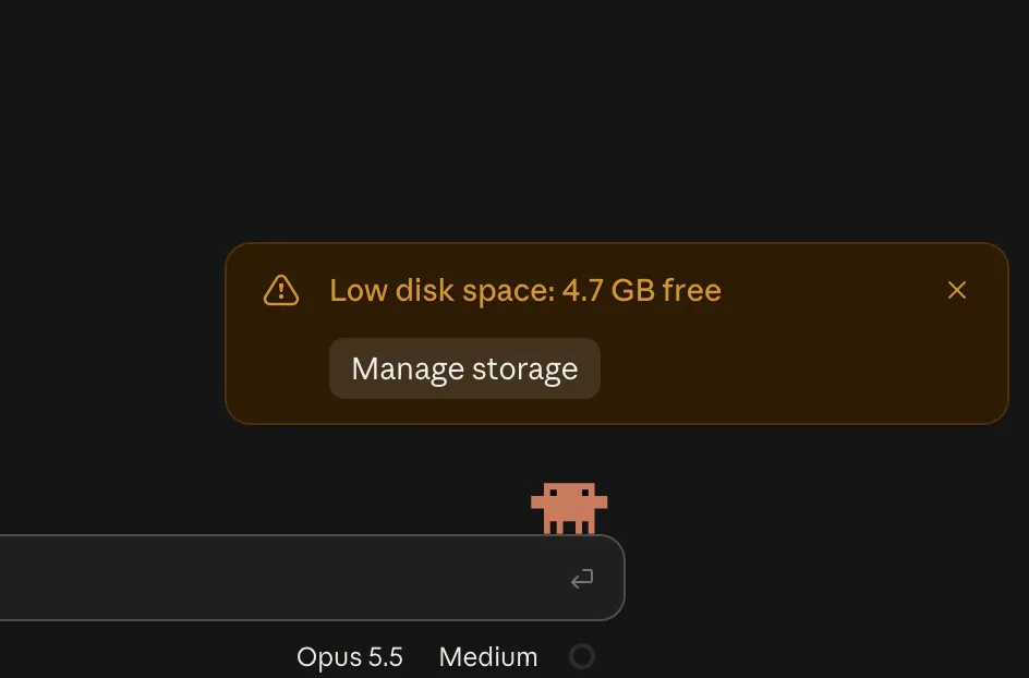 An app warning Low disk space: 4.7 GB free