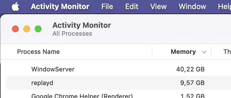Activity Monitor showing WindowServer at 40.22 GB and replayd at 9.57 GB of memory