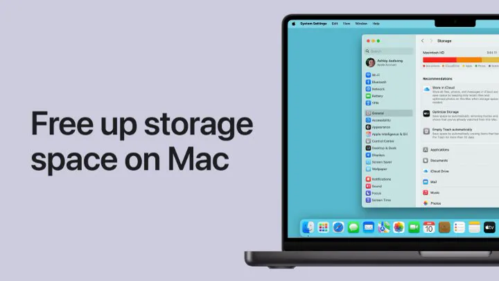 A Mac laptop with the words Free up storage space on Mac