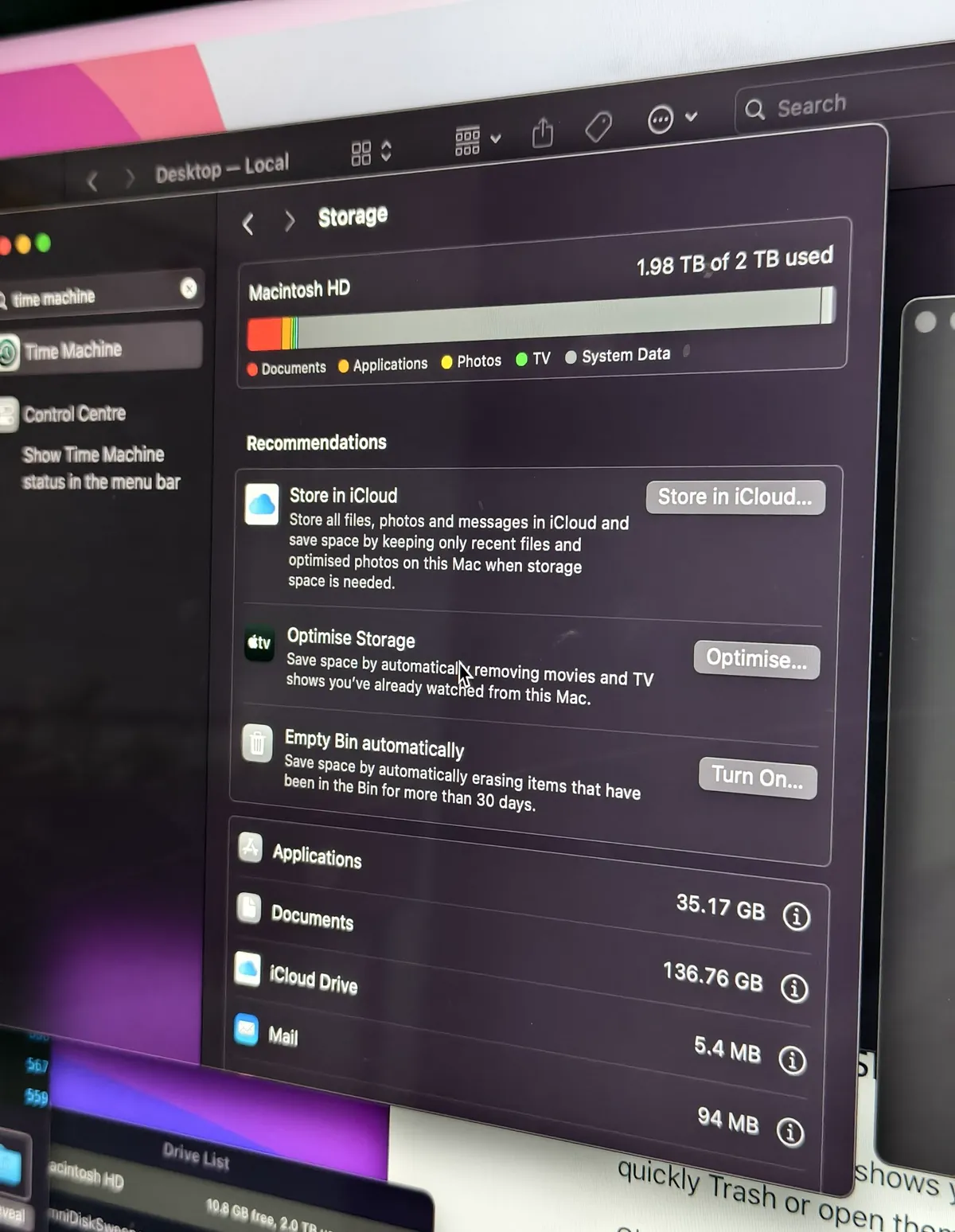 A photo of Storage settings on a Mac Studio showing System Data at 1.76 TB