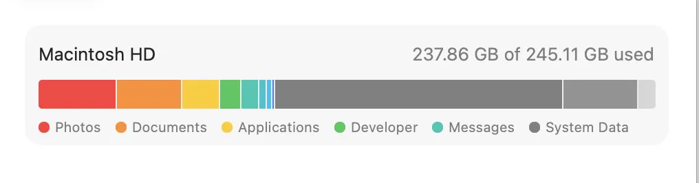 Storage settings showing 237.86 GB of 245.11 GB used